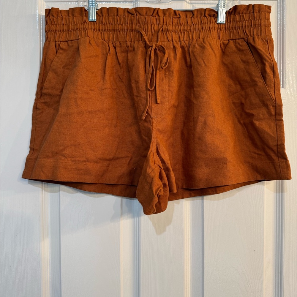 A New Day Linen Rust Orange High Waist Paperbag Shorts - Picture 1 of 6